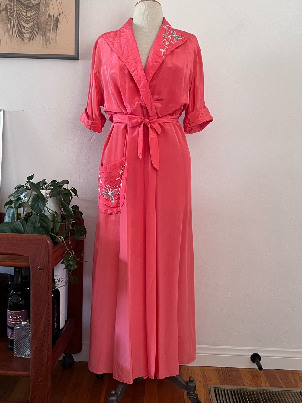 Vintage Coral Satin Long Robe with Embroidered Pocket and Tie Waist